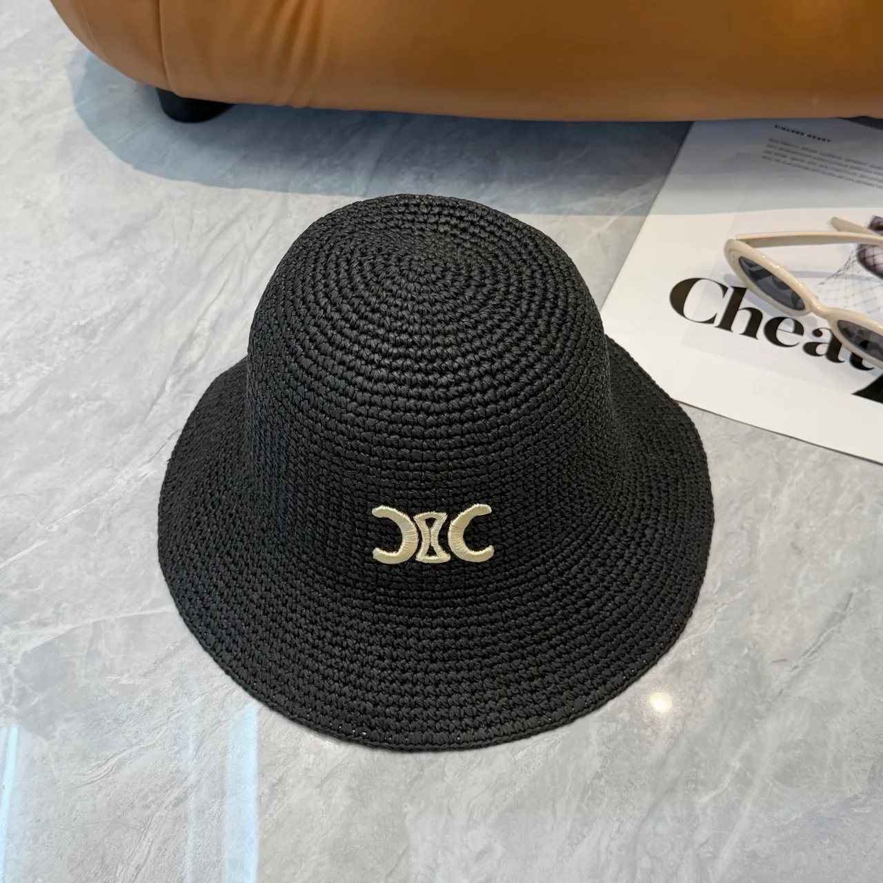 Black Beige Woven Straw-Like Texture Embroidered Monogram Bucket Hat 6