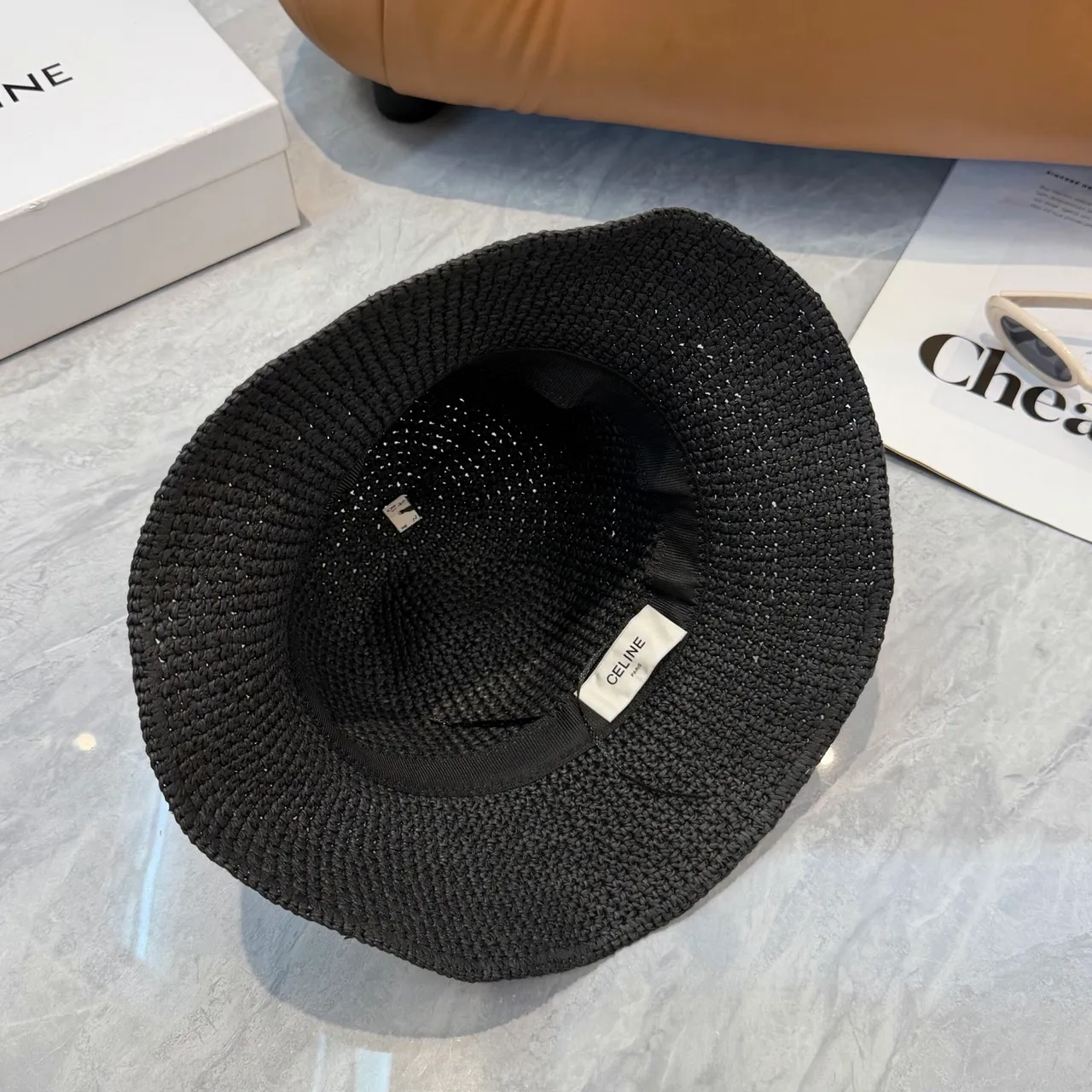 Black Beige Woven Straw-Like Texture Embroidered Monogram Bucket Hat 7