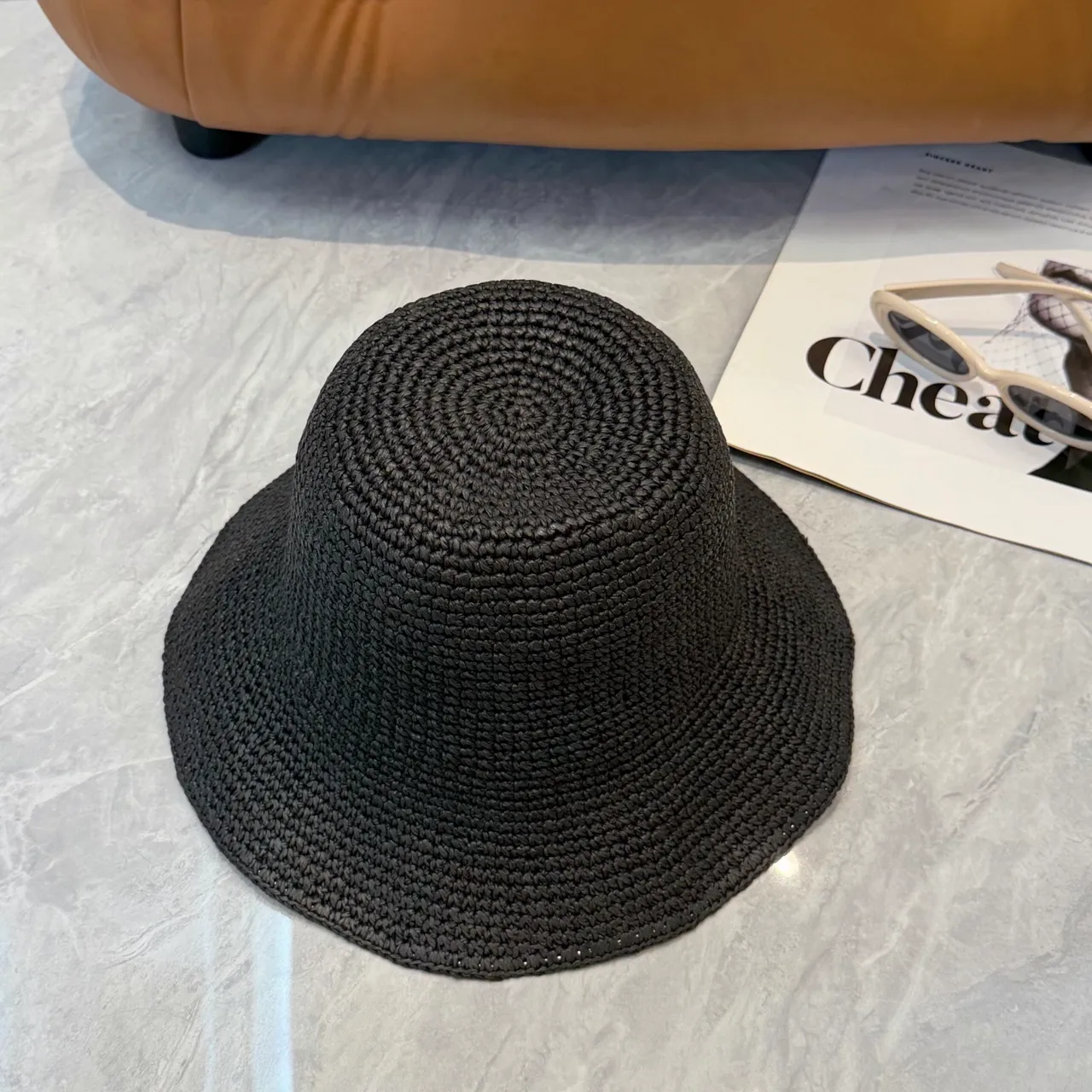 Black Beige Woven Straw-Like Texture Embroidered Monogram Bucket Hat 8