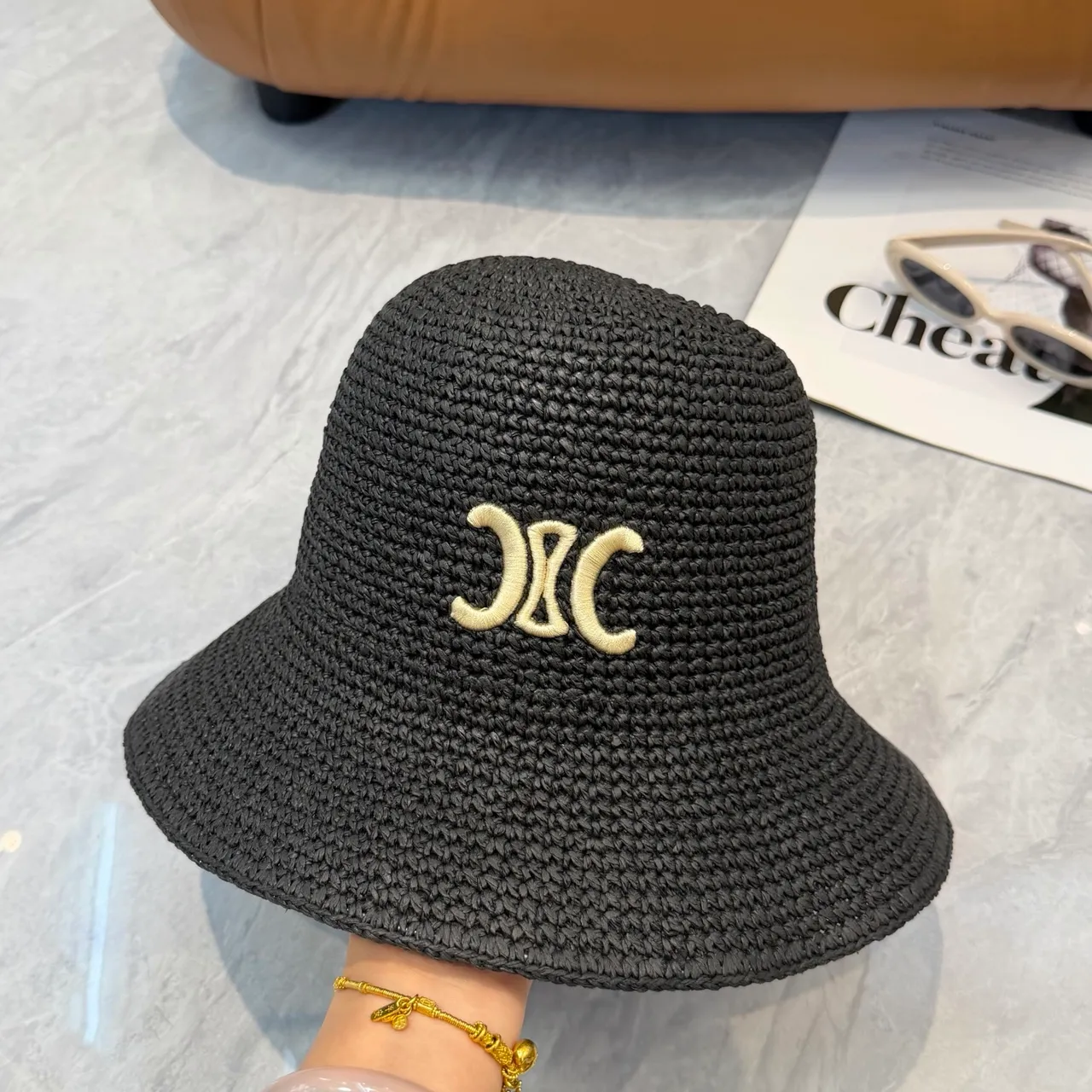 Black Beige Woven Straw-Like Texture Embroidered Monogram Bucket Hat 9