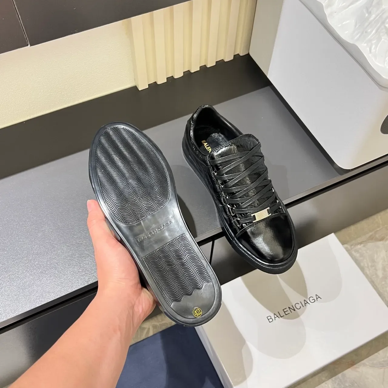 Black Glossy Crinkled Leather Low-Top Sneaker 4
