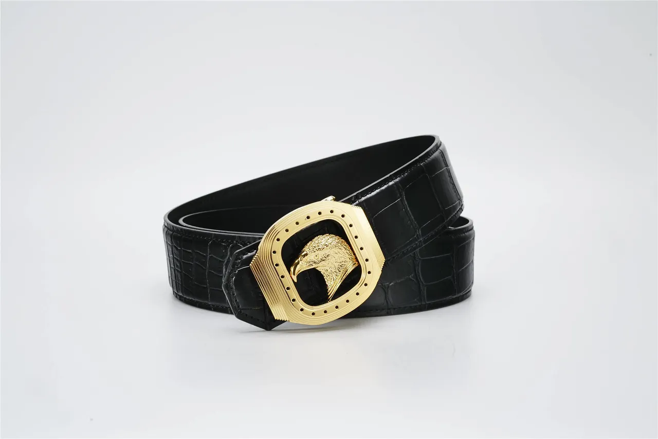 Black Gold Crocodile-Embossed Eagle Buckle Leather Belt 4