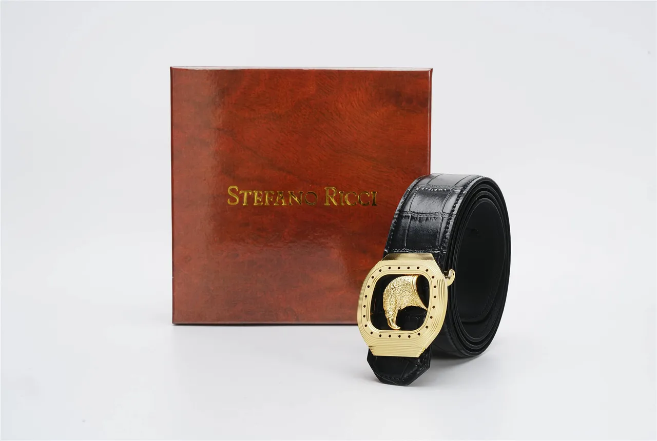 Black Gold Crocodile-Embossed Eagle Buckle Leather Belt 6