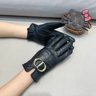 Black Gold Oval Buckle Leather Gloves