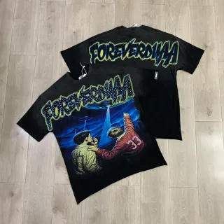 Black Graphic-Print Oversized Double-Sided Alien Theme T-Shirt