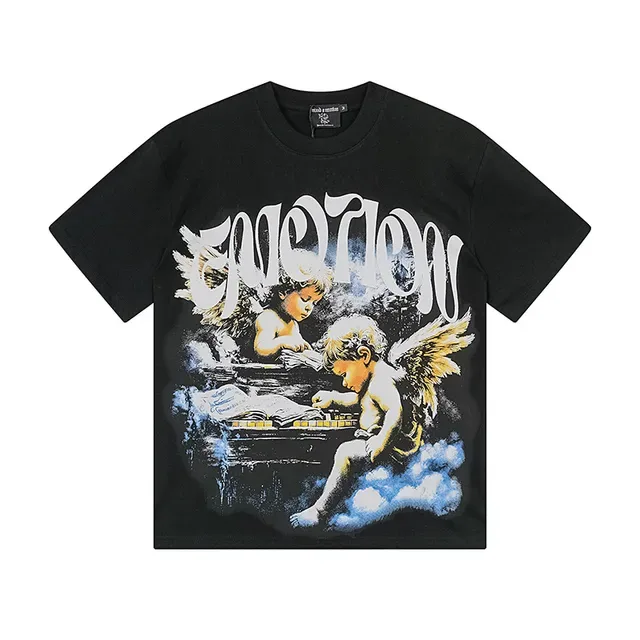Black Graphic-Print Oversized Double-Sided Angel Motif T-Shirt 2