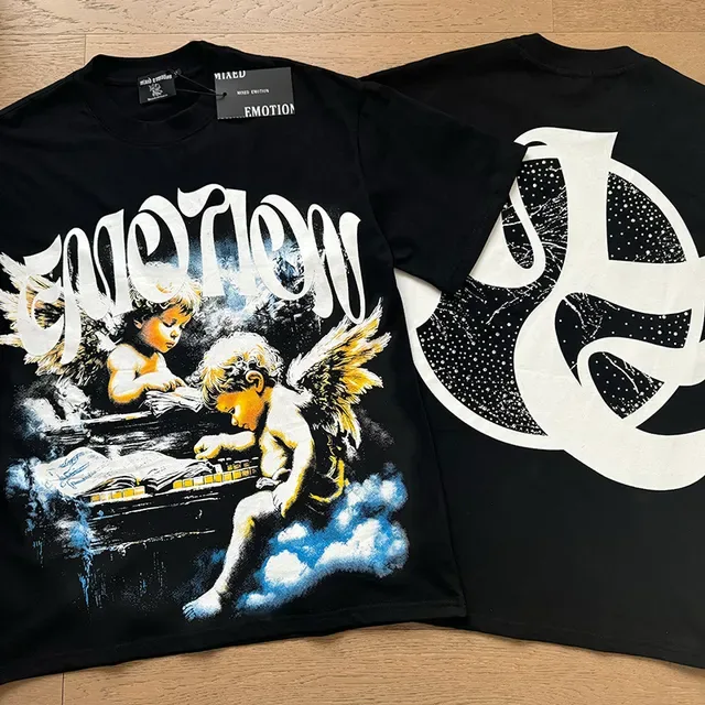 Black Graphic-Print Oversized Double-Sided Angel Motif T-Shirt 4