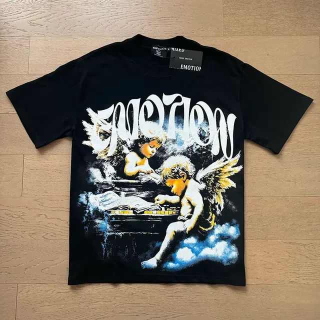 Black Graphic-Print Oversized Double-Sided Angel Motif T-Shirt 5