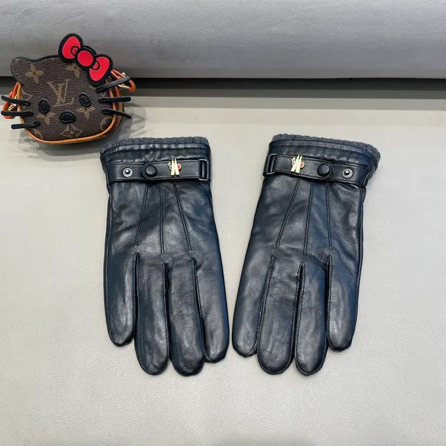 Black Gray Fleece Cuff Leather Gloves 2