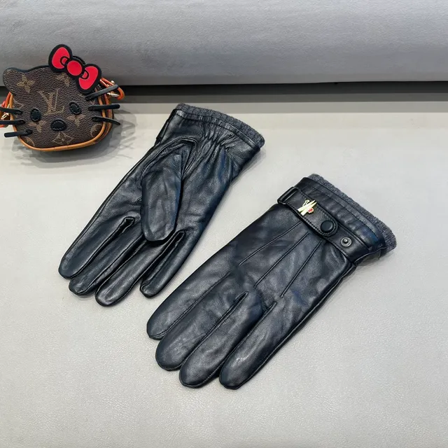 Black Gray Fleece Cuff Leather Gloves 3