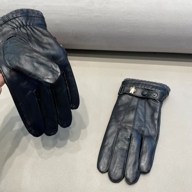Black Gray Fleece Cuff Leather Gloves 6