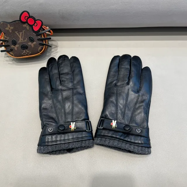 Black Gray Fleece Cuff Leather Gloves 8