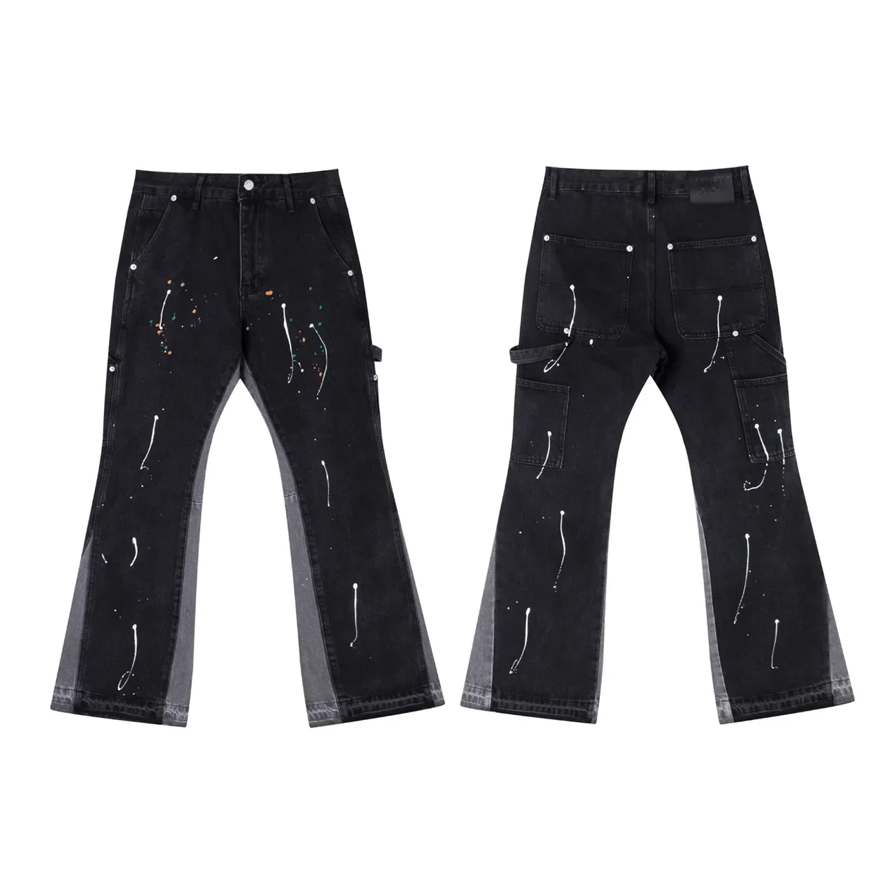 Jeans Flared Noir Salpicatures de Peinture Panneaux de Contraste 3