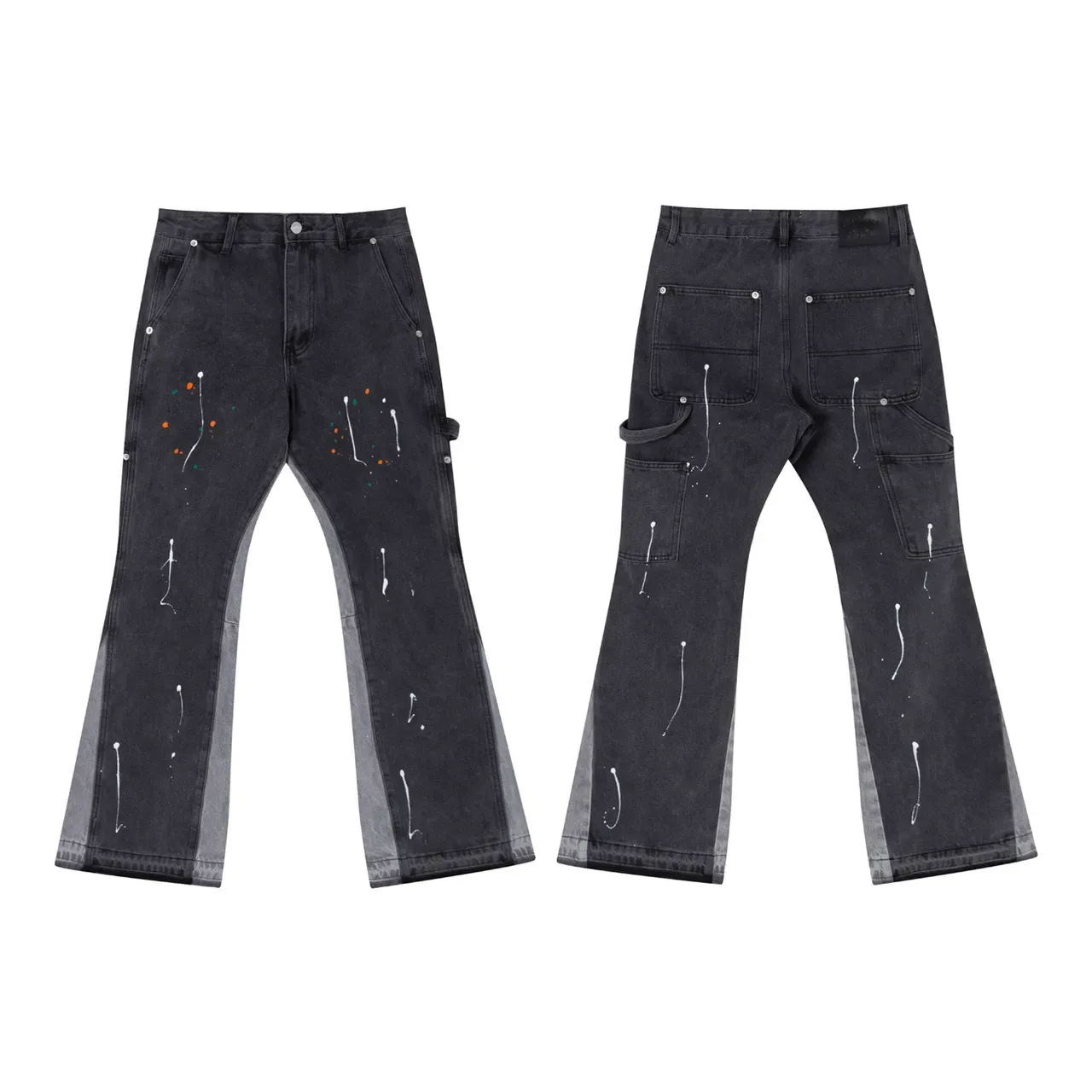 Jeans Flared Noir Salpicatures de Peinture Panneaux de Contraste 4