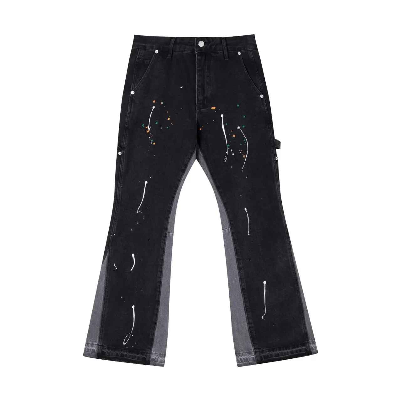 Jeans Flared Noir Salpicatures de Peinture Panneaux de Contraste 5