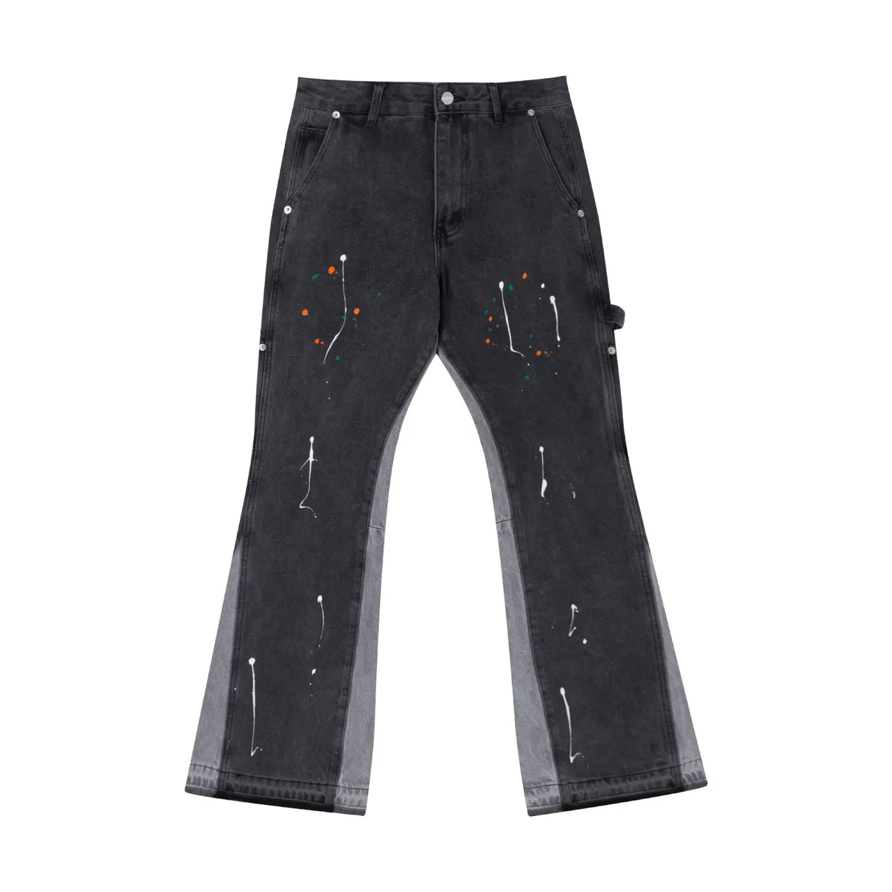 Jeans Flared Noir Salpicatures de Peinture Panneaux de Contraste 7