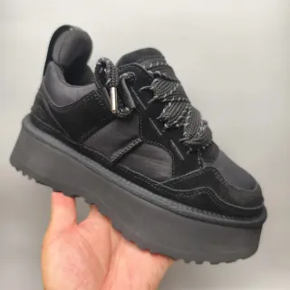 Black Platform Sole Mixed Suede And Textile Upper Sneakers