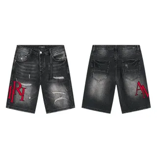 Black Red Distressed Denim Embroidered Monogram Shorts