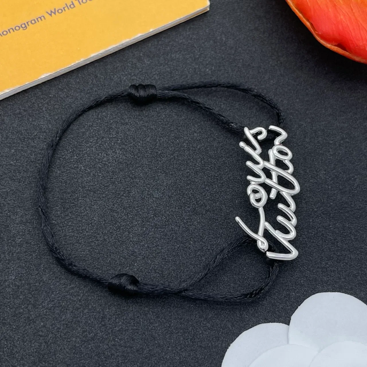 Black Silver Adjustable Cord Script-Style Metal Charm Bracelet 6
