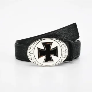 Black Silver Pebbled Oval Buckle Leather Belt