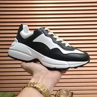 Black White Sole Two-Tone Leather Chunky Sneakers