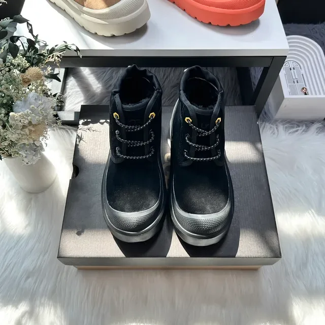 Black Yellow Chunky Platform Sole Suede Upper Ankle Boots 2