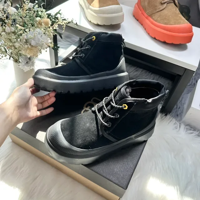 Black Yellow Chunky Platform Sole Suede Upper Ankle Boots 7