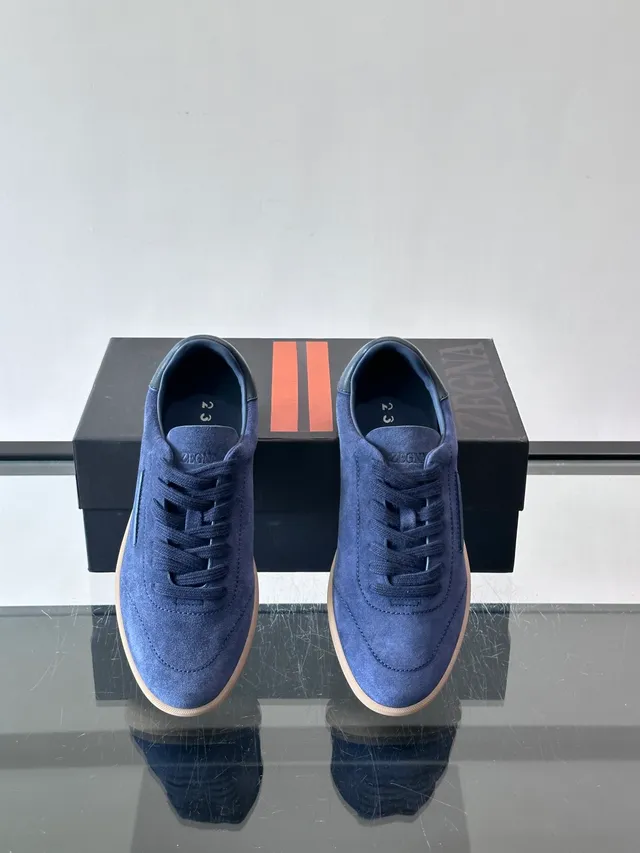 Blue Beige Suede Upper Leather Heel Tab Sneakers 4