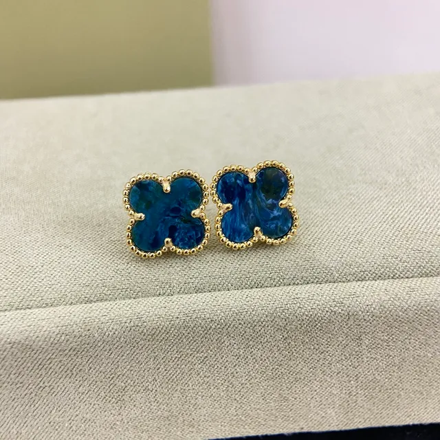 Blue Gold Four-Leaf Clover Motif Marbled Inlay Earrings 5