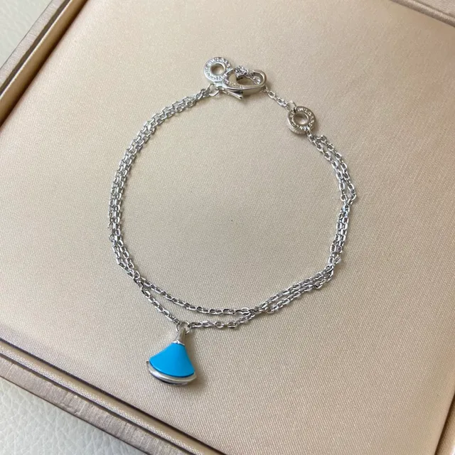 Blue Gold Thin Curb Chain Fan-Shaped Enamel Pendant Bracelet 4