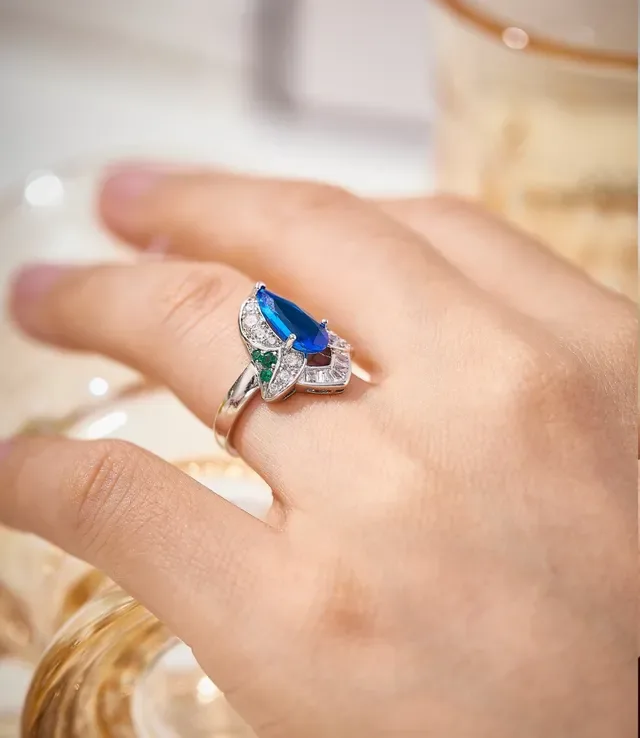 Blue Green Pear-Cut Central Stone Pavé Diamond Halo Ring 2