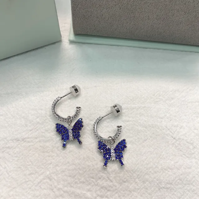 Blue Silver Butterfly Pendant Pavé-Set Stones Necklace 3