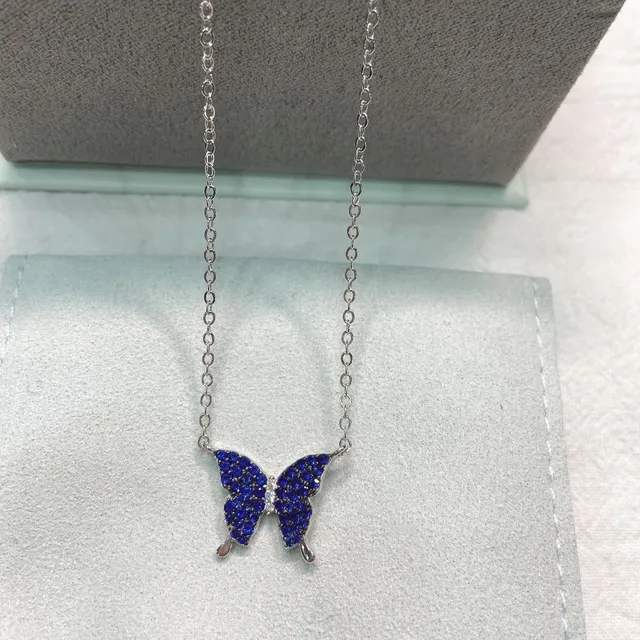 Blue Silver Butterfly Pendant Pavé-Set Stones Necklace 7