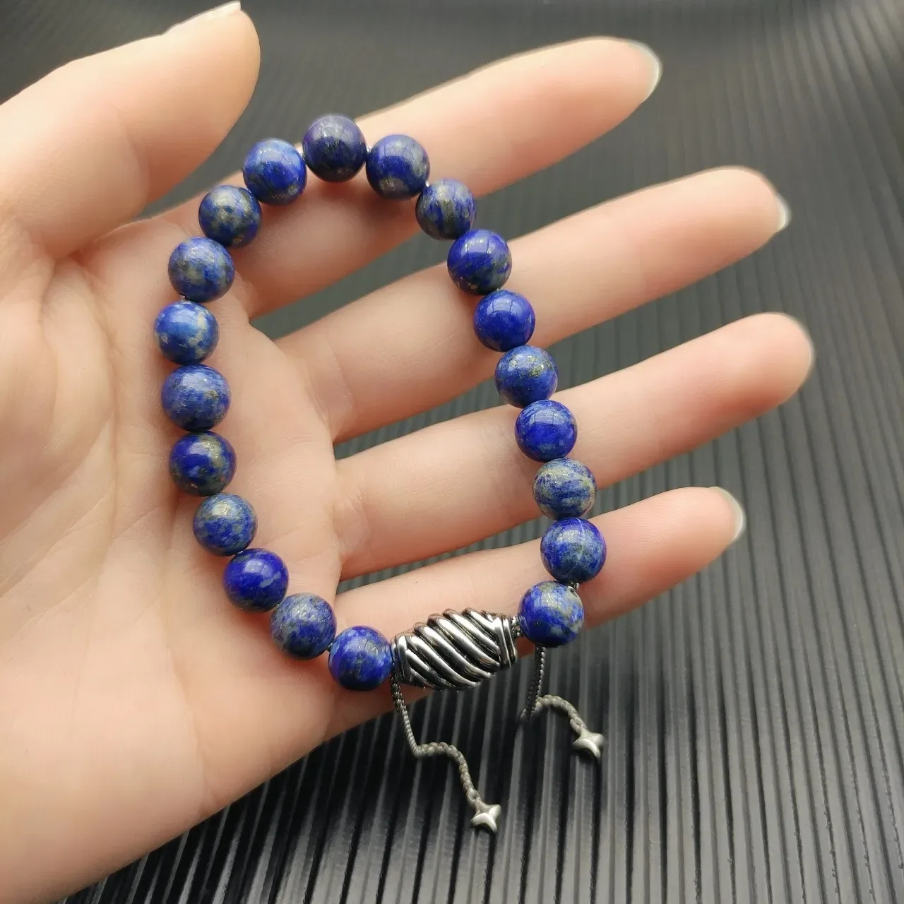 Blue Silver Lapis Lazuli Bead Toggle Clasp Bracelet 3