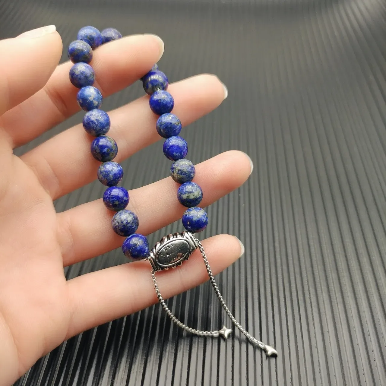 Blue Silver Lapis Lazuli Bead Toggle Clasp Bracelet 4