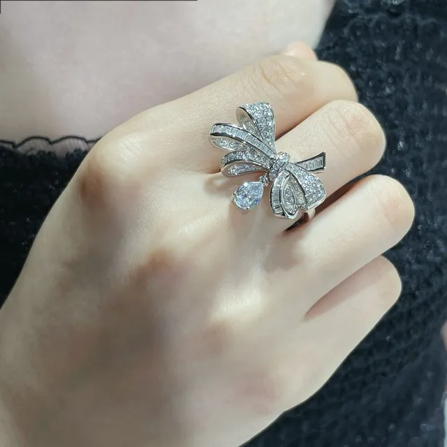 Bow Motif Pavé-Set Teardrop Pendant Ring 7