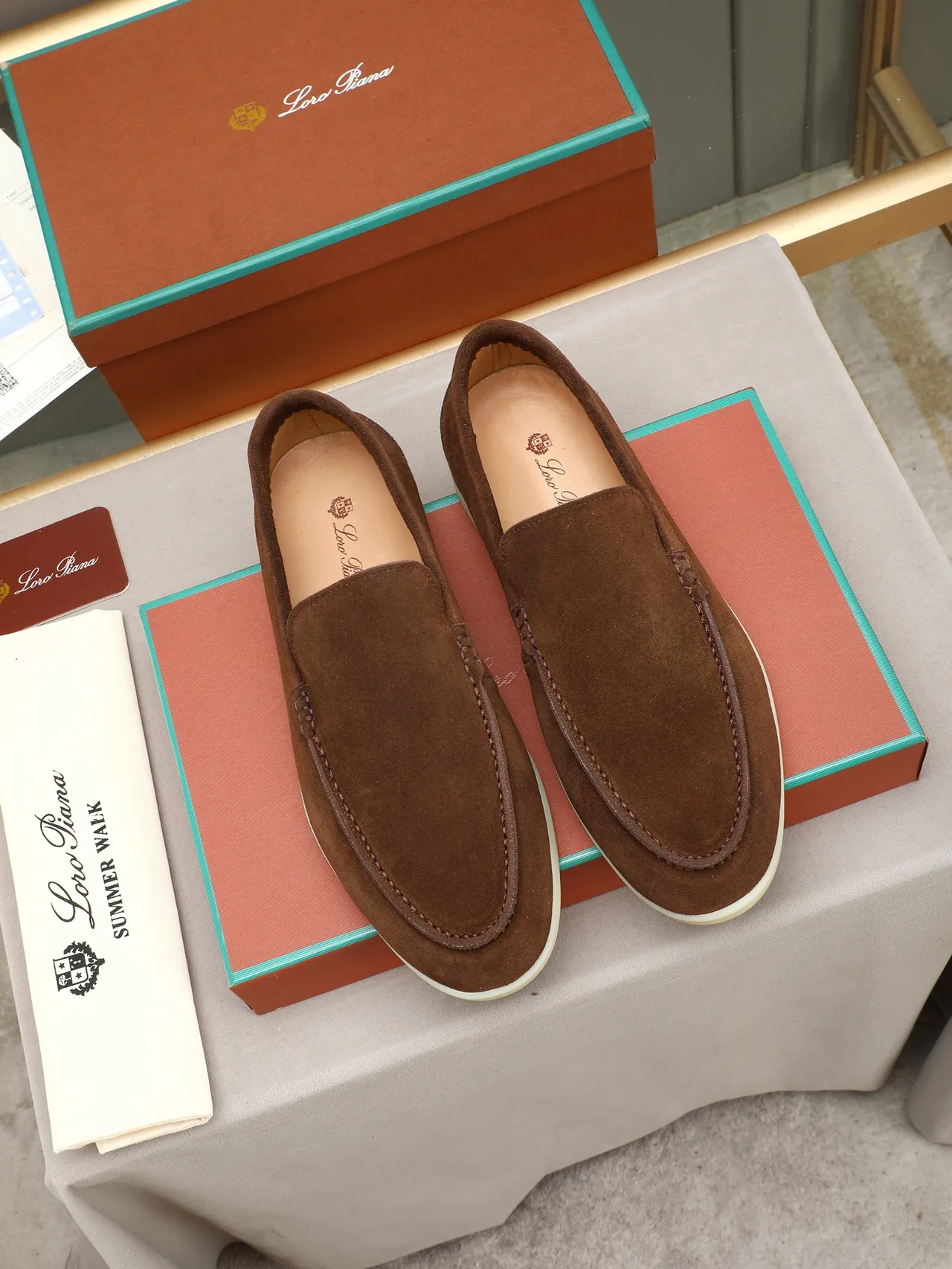 Brown Beige Suede Upper Moc-Toe Stitching Loafer 2