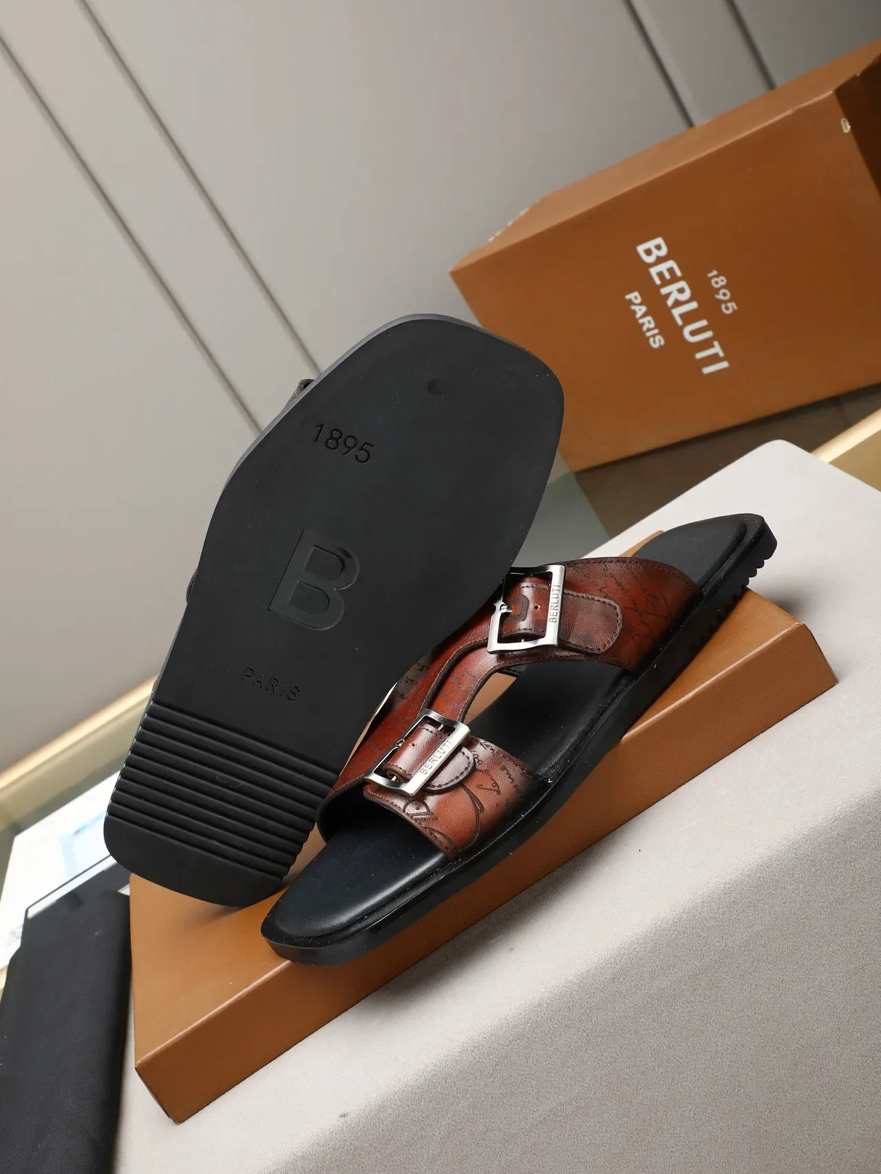 Brown Script-Print Two-Strap Buckle Slide Slippers 6