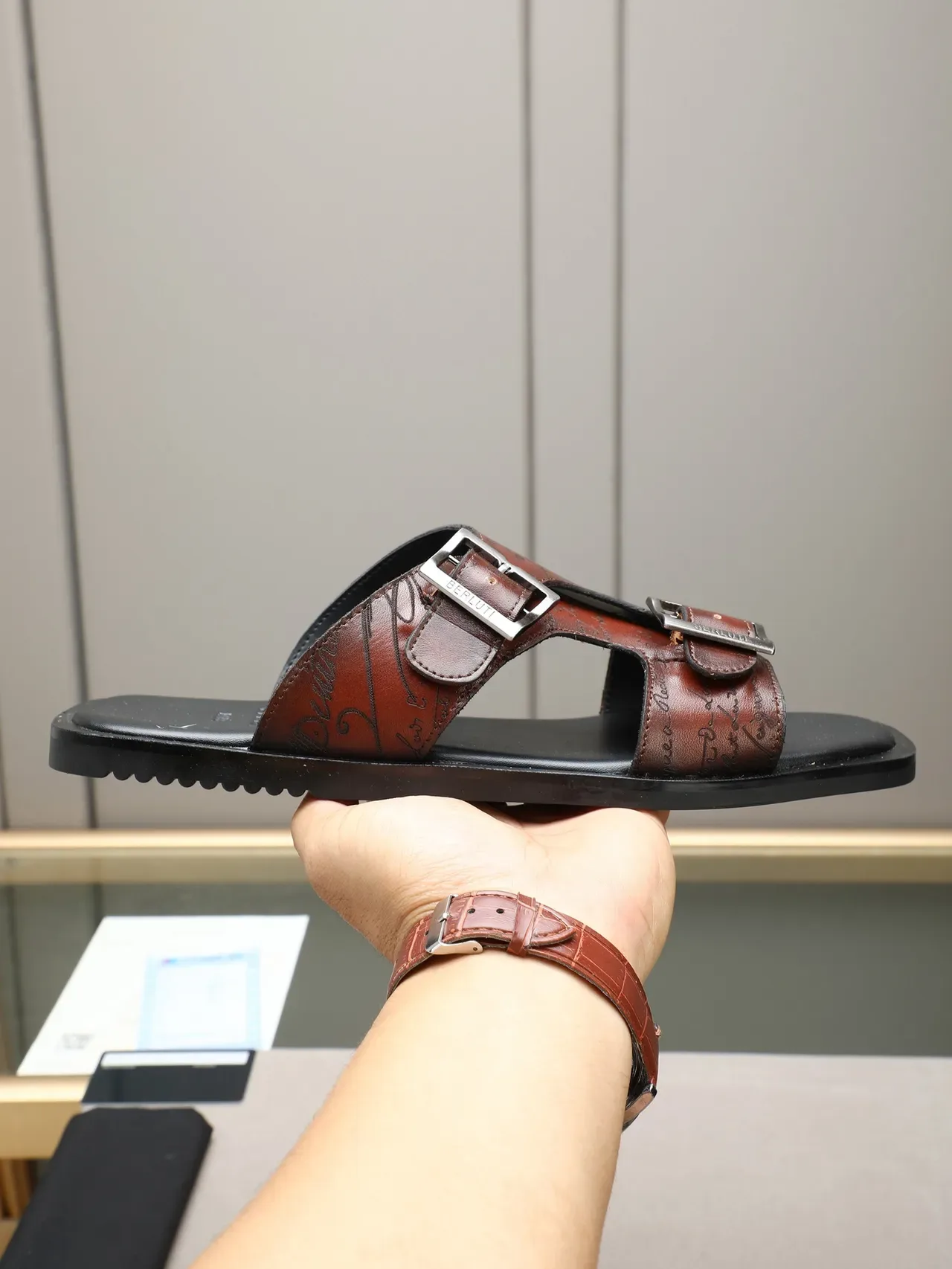 Brown Script-Print Two-Strap Buckle Slide Slippers 9