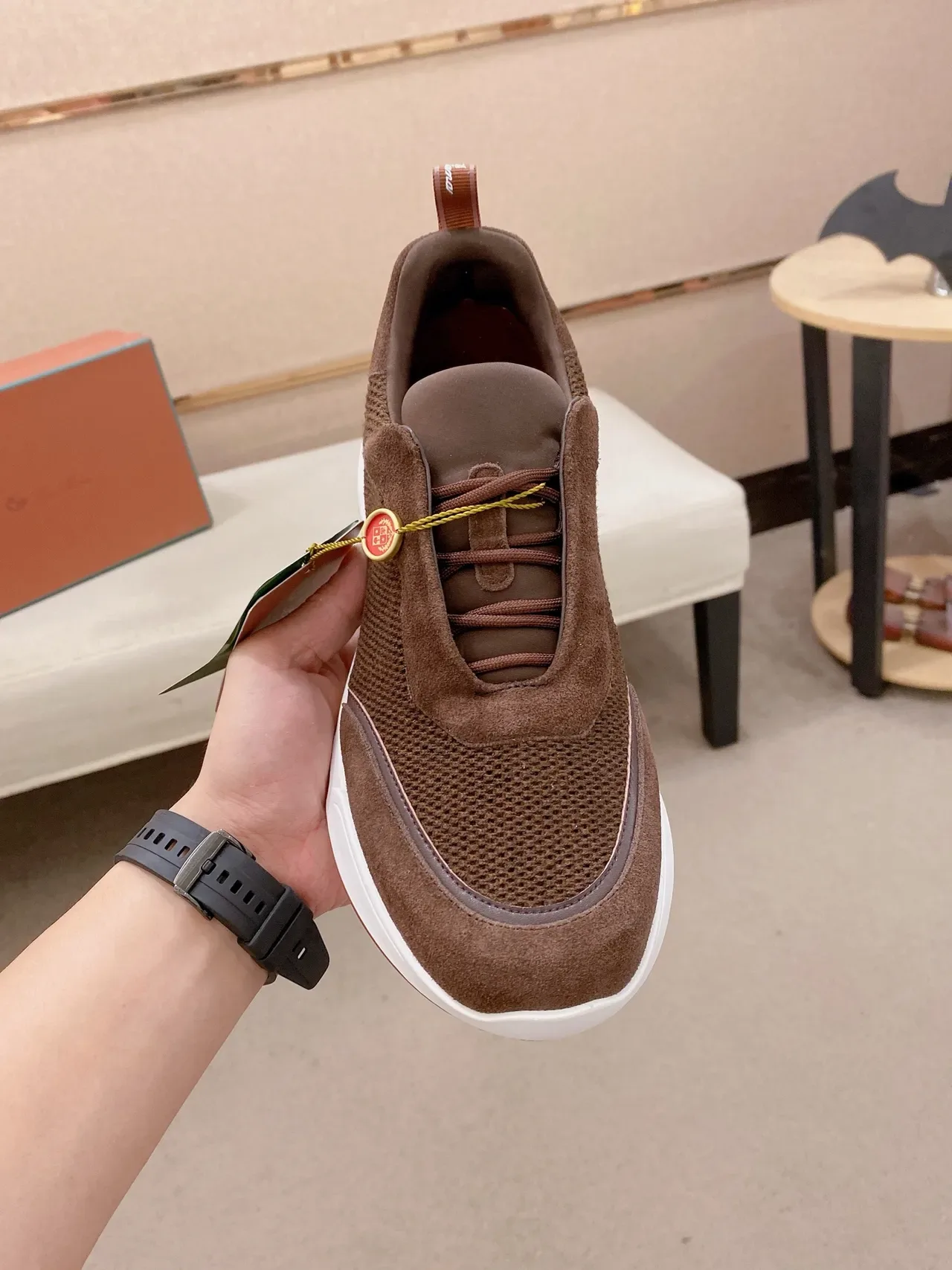 Brown Suede and Knit Mesh Laceless Slip-On Sneaker 6