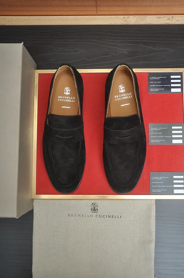 Brunello Cucinelli Black Beige Suede Penny Strap Loafer 5