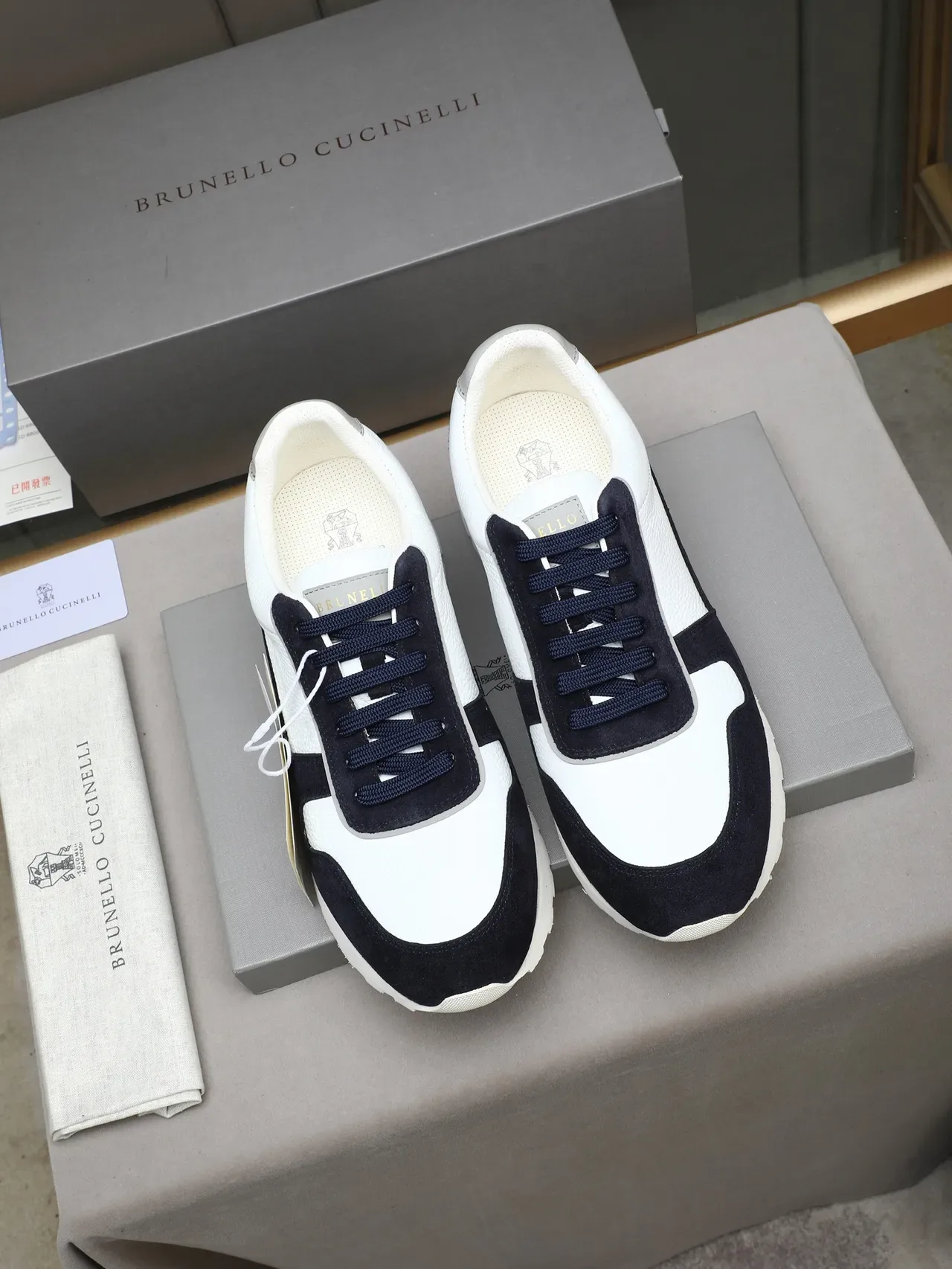 Brunello Cucinelli Navy and White Leather Suede Lifestyle Sneakers 2