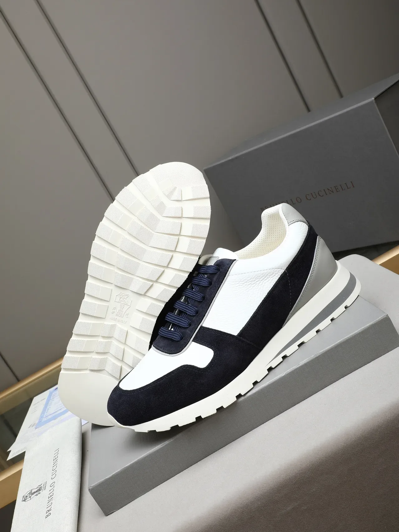 Brunello Cucinelli Navy and White Leather Suede Lifestyle Sneakers 4