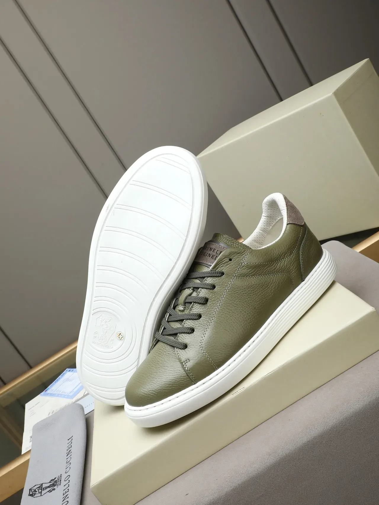 Brunello Cucinelli ऑलिव ग्रीन पेबल्ड लेदर लाइफस्टाइल स्नीकर 4