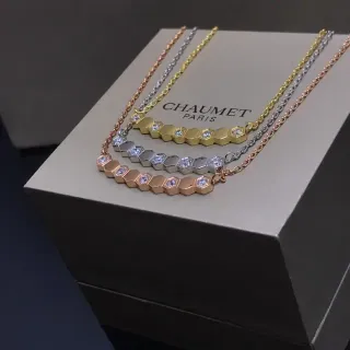CHAUMET Or Argent Pendentif Bar Maillons Hexagonaux Pierres Pavées Collier
