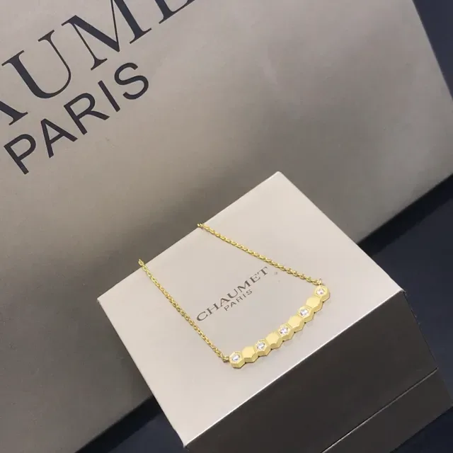 CHAUMET Gold Silver Hexagonal-Link Bar Pendant Pavé-Set Stones Necklace 4