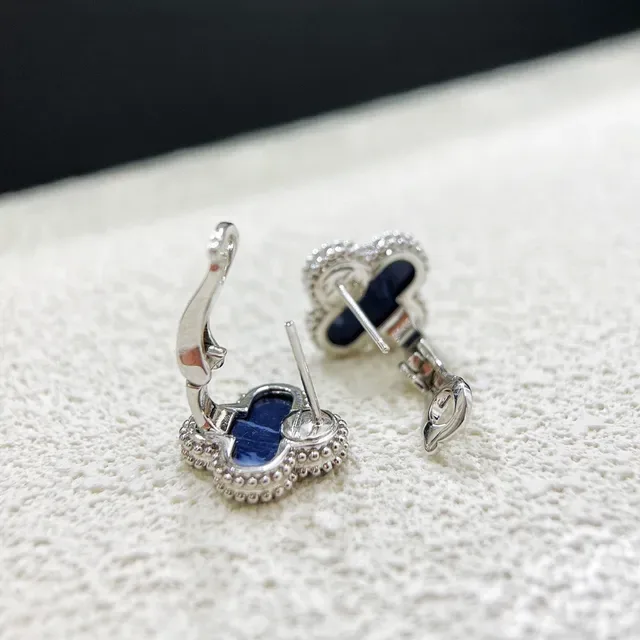 Clover-Shaped Marbled Blue Stone Beaded Metal Clip-On Earrings 2