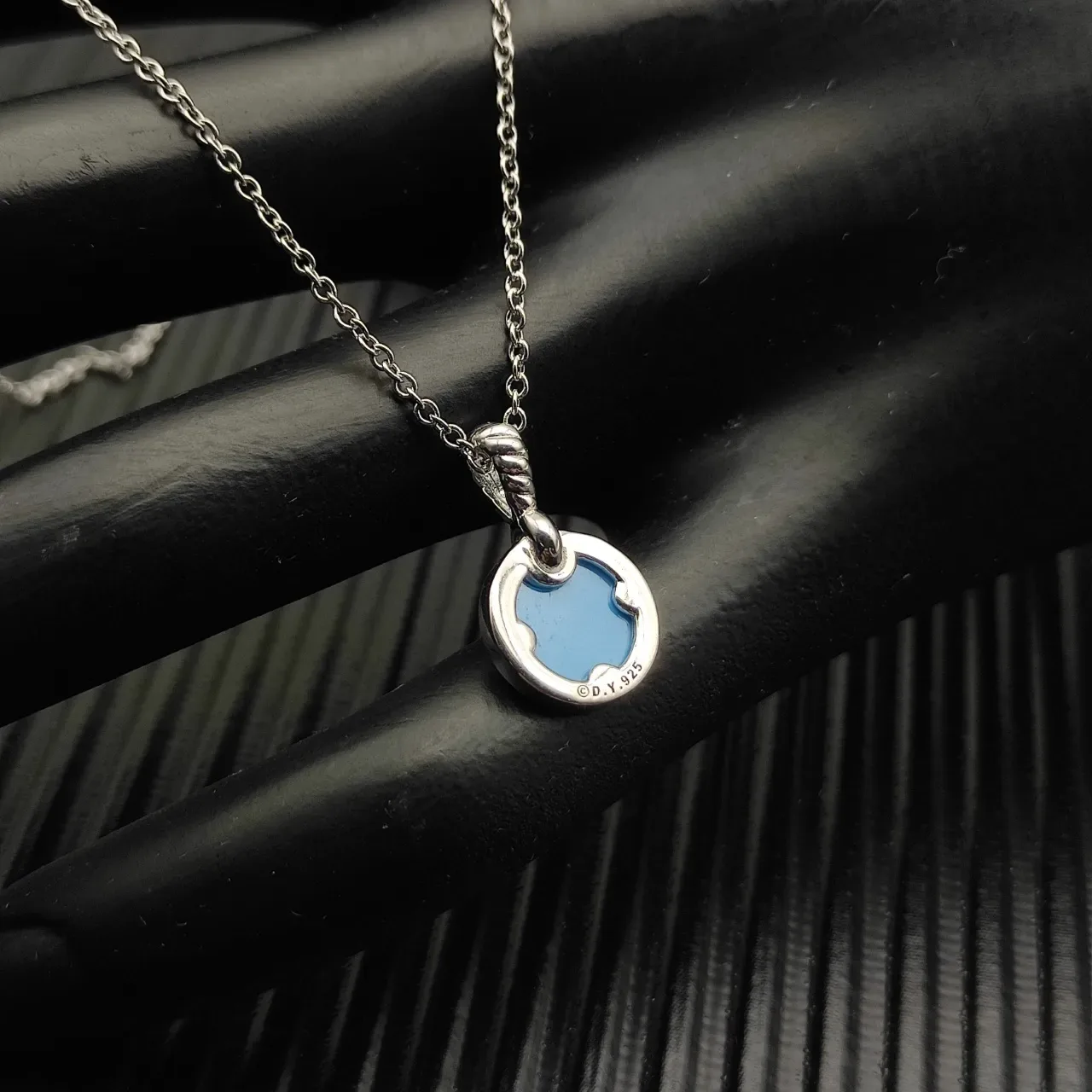 David Yurman Albion Blue Silver Circular Disc Pendant Pavé Halo Necklace 5