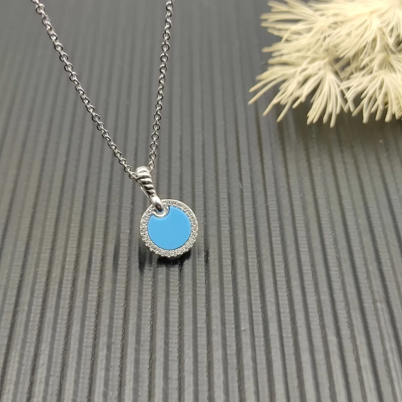 David Yurman Albion Blue Silver Circular Disc Pendant Pavé Halo Necklace 8
