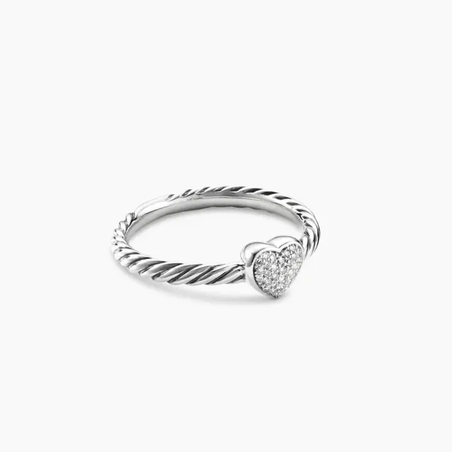 David Yurman Cable Classics Love Silver Gray Heart-Shaped Pavé-Textured Ring 9